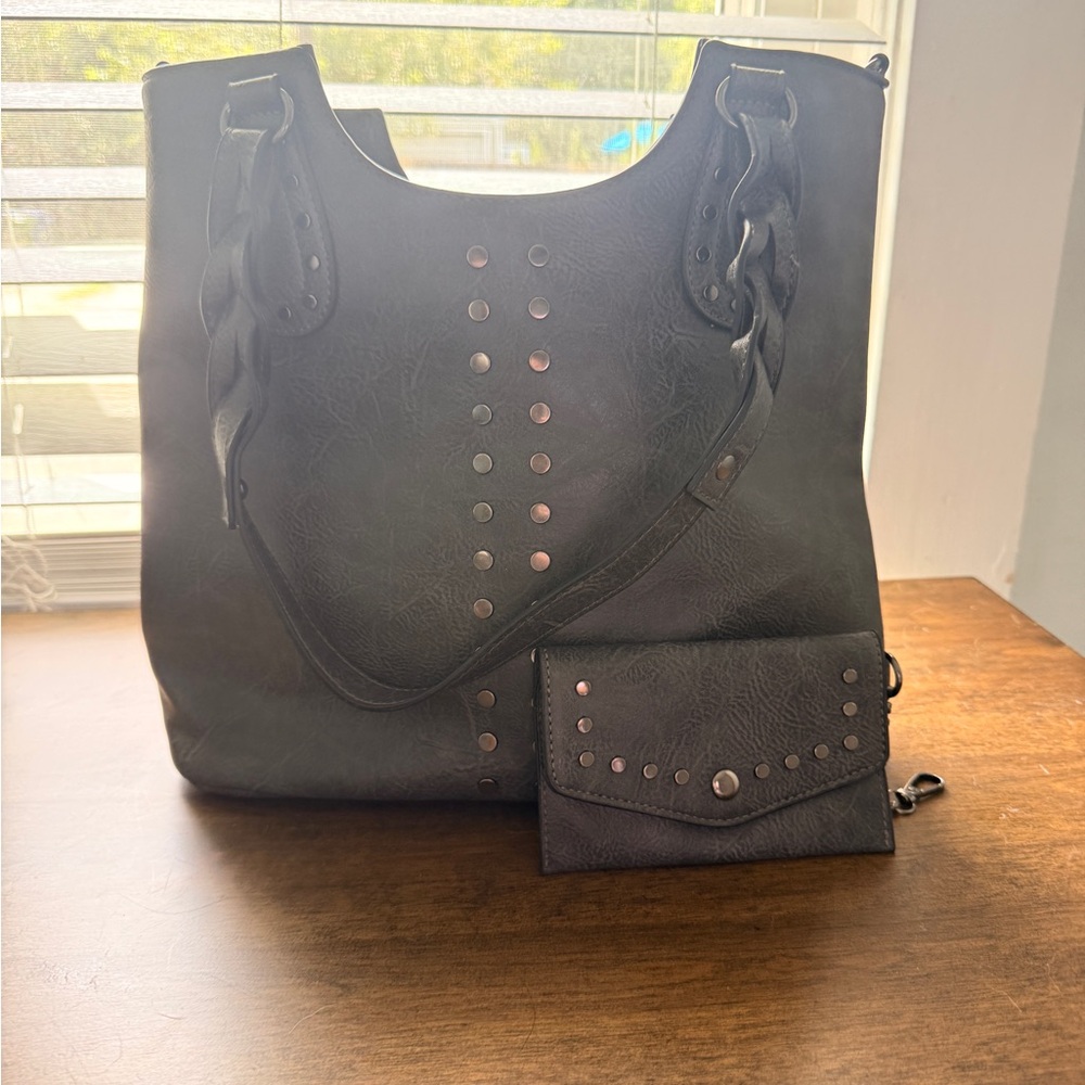 Sam & Hadley Black Studded Large Tote Bag with Matching Wallet - Picture 2 of 3